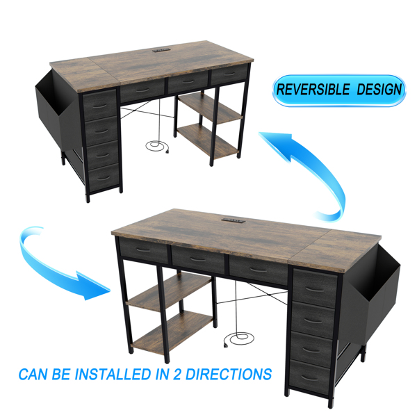 47" Computer Desk With Power Outlet,Writing Desk with 7 Fabric Drawers,Vanity table Drawers and Large Side Pocket,Rustic Brown