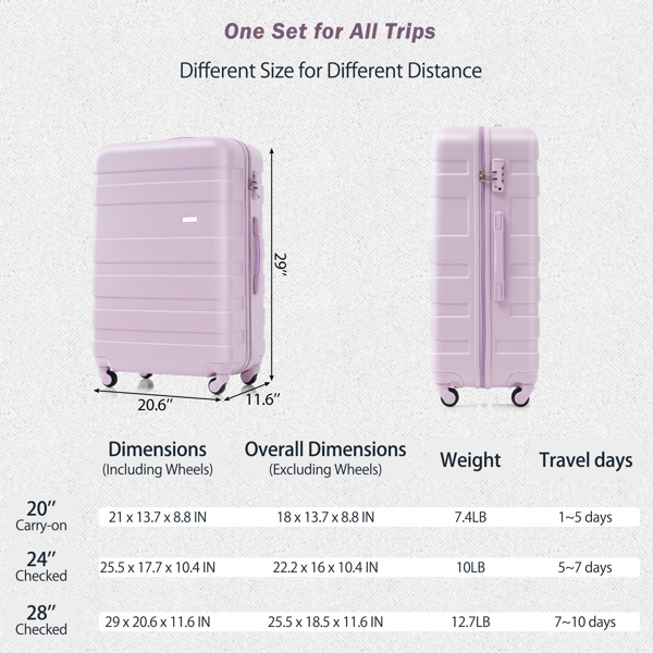 Luggage Sets New Model ABS Hardshell 3pcs Clearance Luggage Hardside Lightweight Durable Suitcase sets Spinner Wheels Suitcase with TSA Lock 20''24''28''(purple)