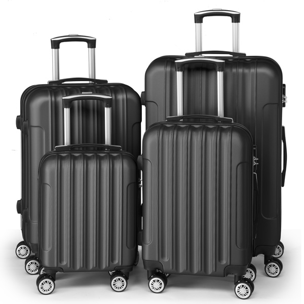 FCH Four-Piece Set Vertical Stripe ABS Luggage 16in, 20in, 24in, 28in with ABS Material and Steel Telescopic Handle in Classic Black