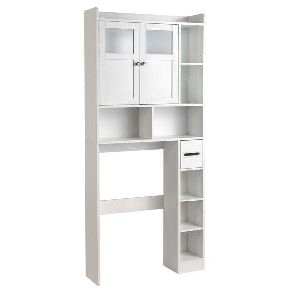 Double-Door Bathroom Cabinet with 2, Adjustable Panels, 1 Drawer and 3 Side Shelves, White 