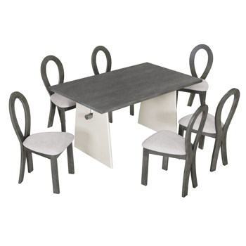 Modern 7-Piece Dining Table Set with Trestle Dining Table and 6 Upholstered Dining Chairs, Compact Kitchen Table Set for 6, Grey