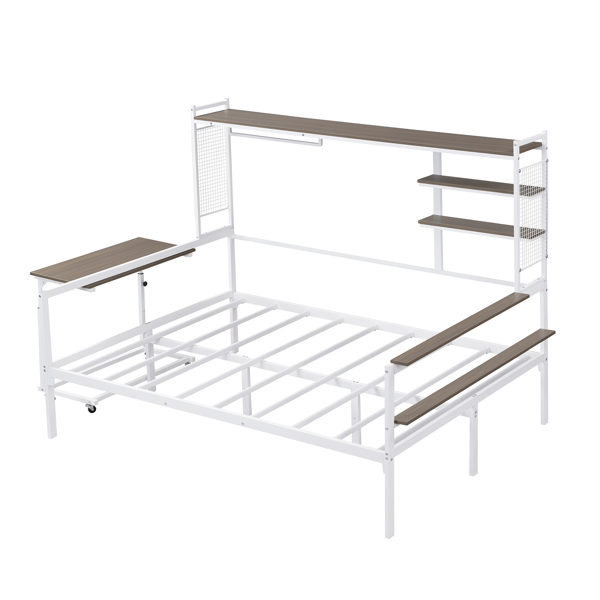 Full size Metal Daybed with Movable Desk, Metal Grid, Shelves and Clothes Hanger, White