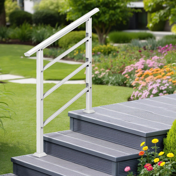 Handrails for Outdoor Steps, Wrought Iron Handrail Fits 1 or 3 Steps, Transitional Handrail with Installation Kit, White