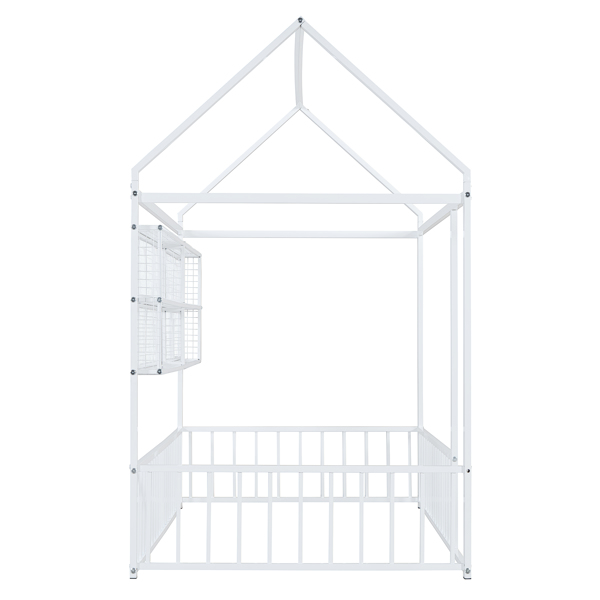 Twin Size Metal Bed House Bed Frame with Fence and Shelves, White