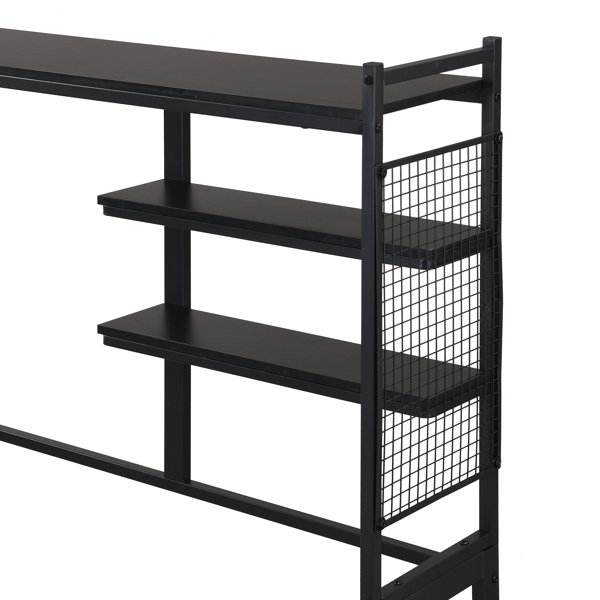 Full size Metal Daybed with Movable Desk, Metal Grid, Shelves and Clothes Hanger, Black