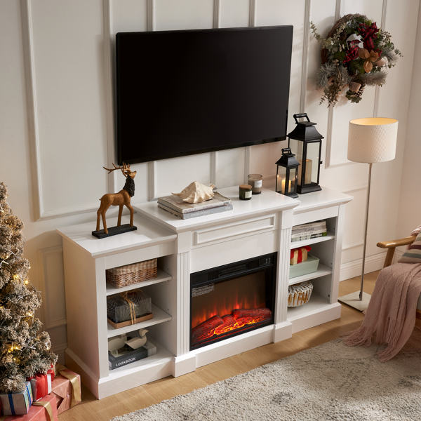 Media Console Table with Large Storage Cabinet, with 23" Fireplace Insert, for TV Up to 70'', Modern TV Media Entertaionment Stand, White, 65.75"W*17"D*32.48"H