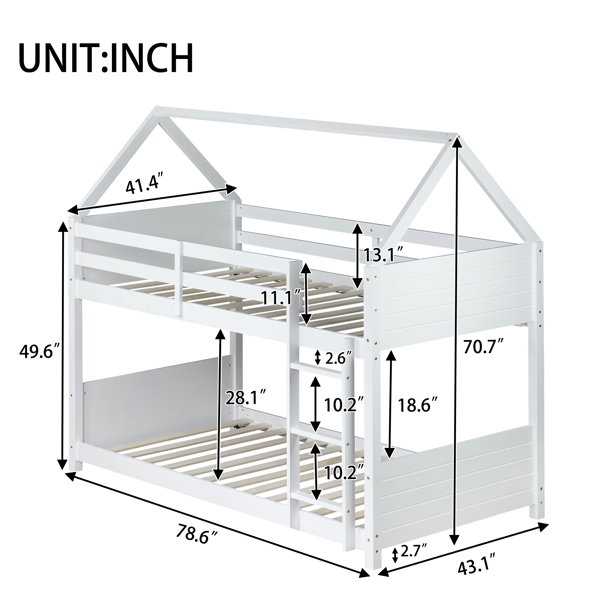 Twin Over Twin House Floor Bunk Bed with Headboards, Footboards and Guardrails, Ladder, Rubber Wood Bunk Bed with Safety Guardrails,White