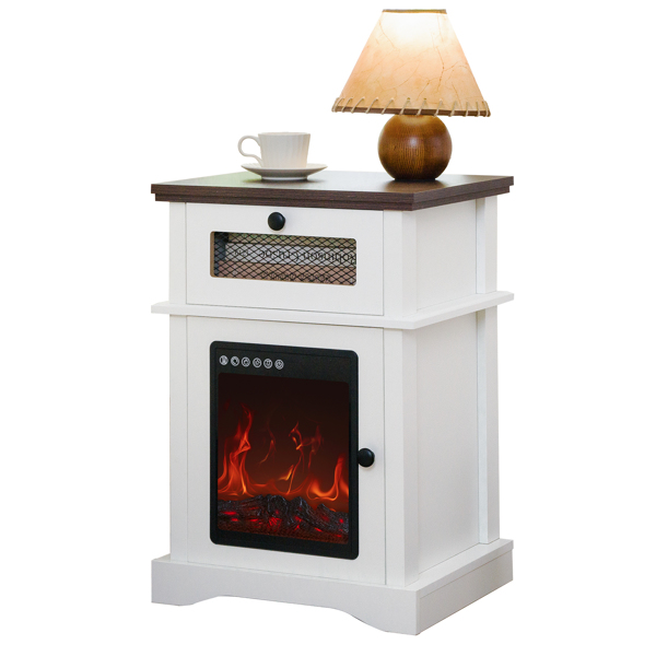 LED Fireplace Nightstand with Drawer,Adjustable Light Bedside Table for Bedroom, Living Room