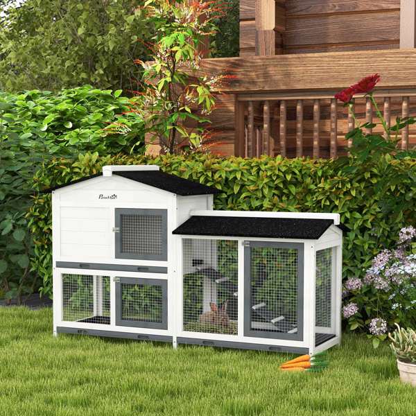 62" Rabbit Hutch, Wooden Bunny Hutch, Guinea Pig Cage, Small Animal Enclosure with Run Area, Removable Tray, Asphalt Roof, Lockable Doors and Ramp, White