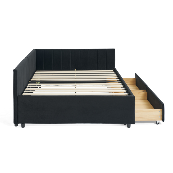 Full Size Upholstered Tufted Bed Frame with Two Drawers, Sofa Bed Frame with Comfortable Backrest and Armrests, Velvet, Black(79.5''x58''x25'')