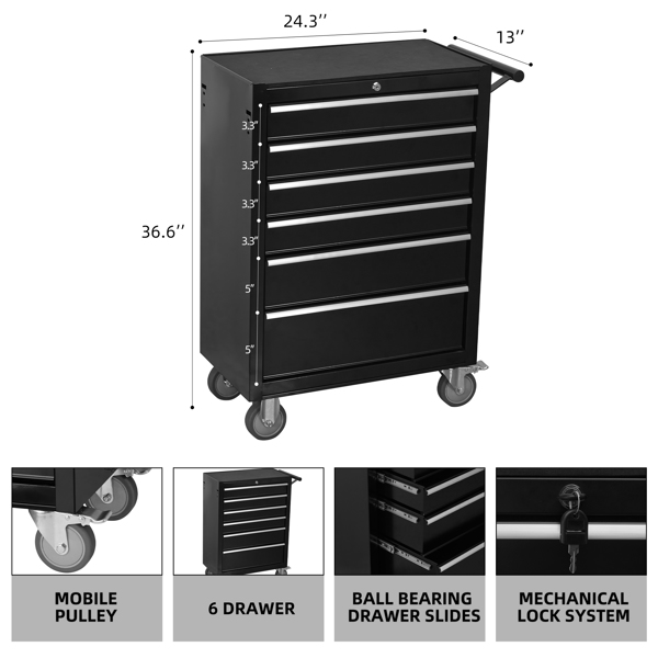 6-Drawer Rolling Tool Chest Cabinet, Large Capacity Metal  Tool Box with Wheels and Locking, Roll Around Storage Organizer Tool Cart for Garage, Warehouse, Work Shop - Black