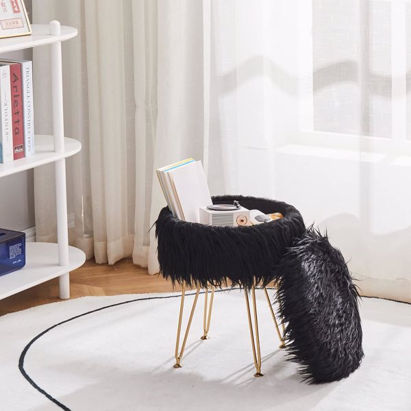 Faux Fur Storage Ottoman Round Furry Vanity Stool Marble Grain Tray Coffee Table Compact Footrest Stool with 4 Metal Legs Soft Makeup Seat Foot Stools for Living Room Bedroom Entryway Black