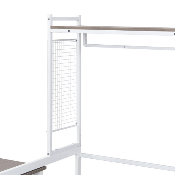 Full size Metal Daybed with Movable Desk, Metal Grid, Shelves and Clothes Hanger, White