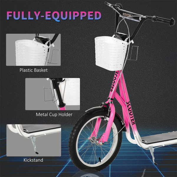 Youth Scooter with Adjustable Handlebars and plastic basket  16" Inflatable Rubber Tires  -Pink