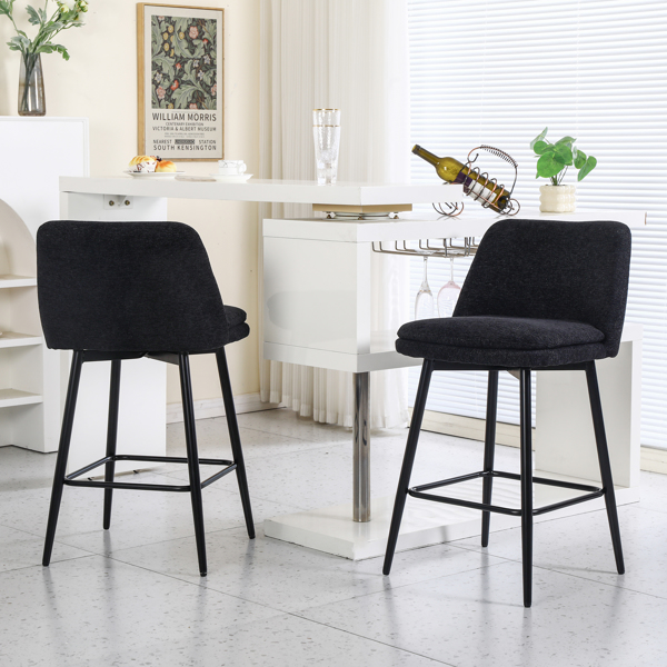 Counter Height Swivel Bar Stools Set of 2, 360° Swivel Upholstered Barstools with Back and Metal Legs, 25.6" Seat Height,Counter Stools for Kitchen Island and Pub,Linen Cloth,Black Linen.