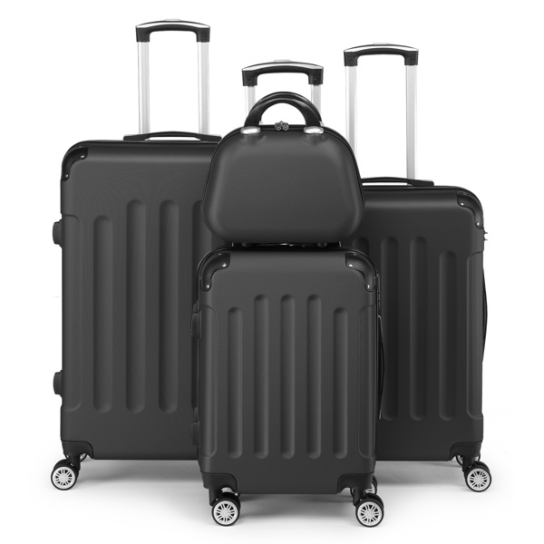 FCH Corner-Protected Four-Piece Set ABS Luggage 20in, 24in, 28in + 12in Handbag with ABS Material and Steel Telescopic Handle in Classic Black