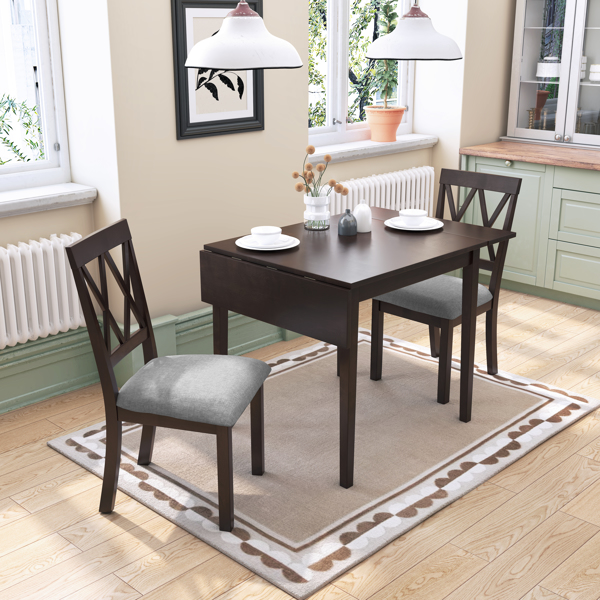 3 Piece Kitchen Dining Set with Drop Leaf Dining Table and 2 Dining Upholstered Chairs, Dining Room Set for Small Places, Espresso