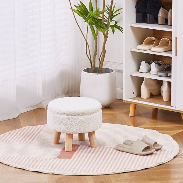 Storage Ottoman, Modern Round Footrest with Soft Padded Seat, Teddy Velvet Footstool with Wood Legs, Accent Small Table or Plant Stand for Hallway, Living Room (Cream)