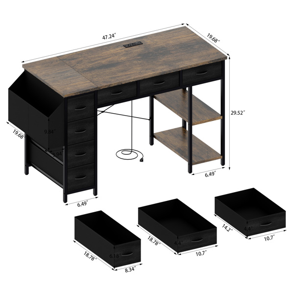 47" Computer Desk With Power Outlet,Writing Desk with 7 Fabric Drawers,Vanity table Drawers and Large Side Pocket,Rustic Brown