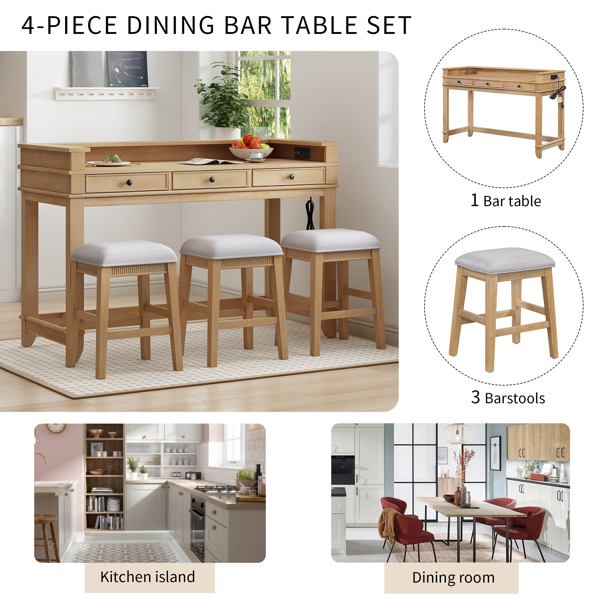 4-piece Dining Bar Table Set with 3 Upholstered Stools, Multifunctional Dining Table with 3 Drawers (Natural)