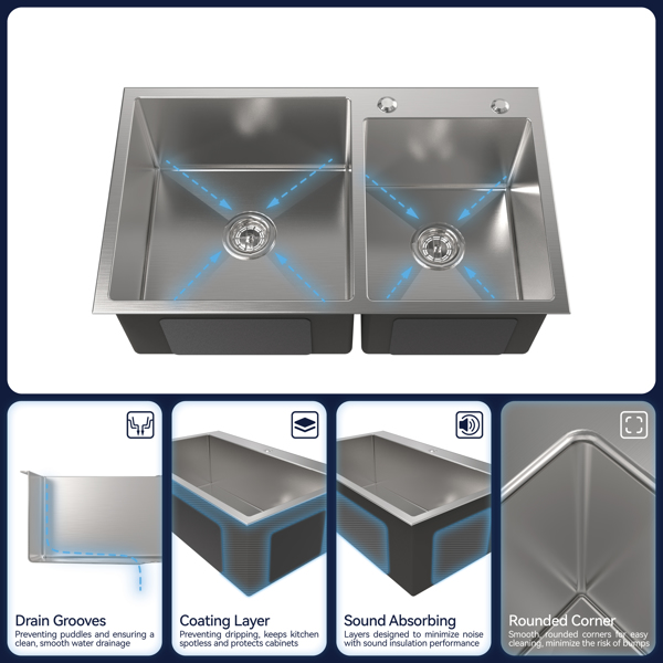 不锈钢厨房水槽，32英寸x19英寸拉丝镍双碗，超装手工水槽，带美国标准排水管和挂钩【周末不发货，TK/TEMU订单仅支持自提】-2