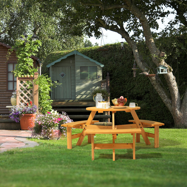 6-Person Outdoor Circular Wooden Picnic Table with 3 Built-In Benches, Outside Table and Bench Set for Porch Backyard Patio Lawn Garden