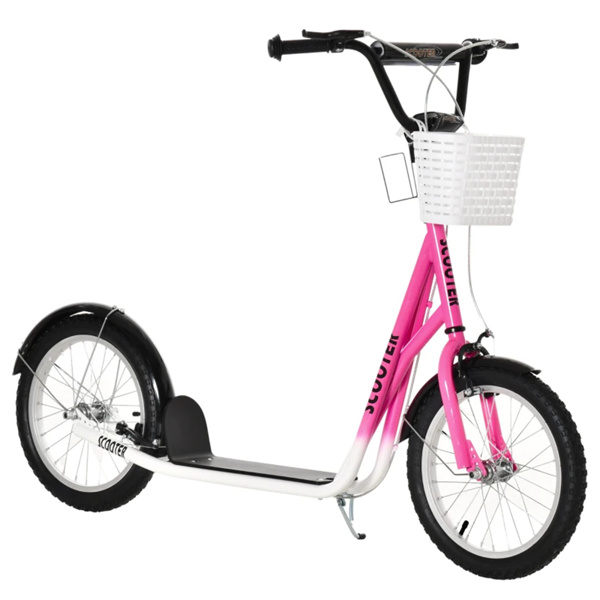 Youth Scooter with Adjustable Handlebars and plastic basket  16" Inflatable Rubber Tires  -Pink