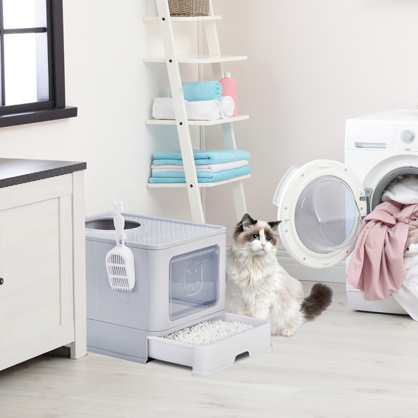 Large Enclosed Cat Litter Box with Lid Cover, Detachable Cat Toilet with Litter Scoop & Slide Out Tray, Front Entry Top Exit Door, Easy to Clean, Gray