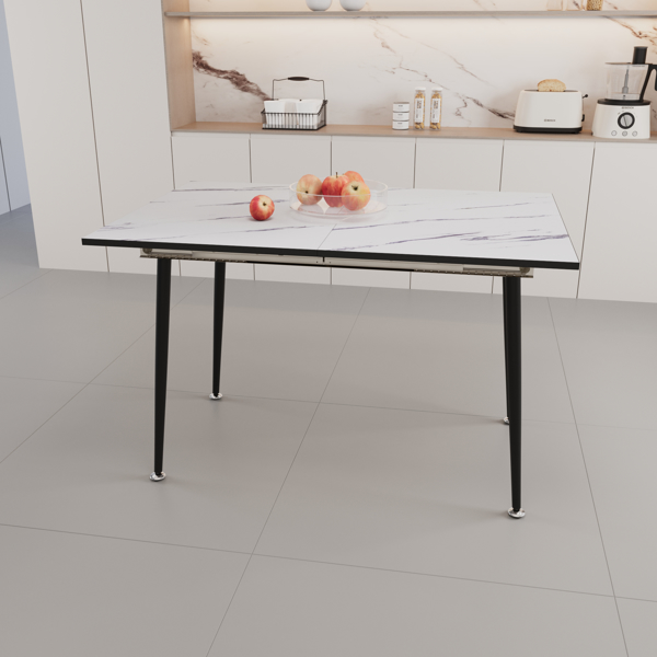 47" expandable to 63" inch MDF square white marble patterned dining table, modern industrial kitchen and dining table, equipped with tapered black metal legs,suitable for living rooms, gatherings, etc