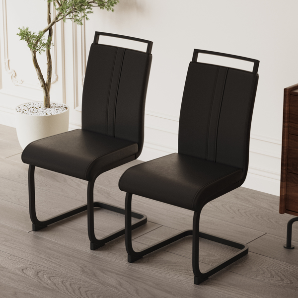 Modern Dining Chairs,PU Faux Leather High Back Upholstered Side Chair with C-shaped Tube. Black Metal Legs for Dining Room Kitchen Vanity Patio Club Guest Office Chair (Set of 2) (Black+PU) 