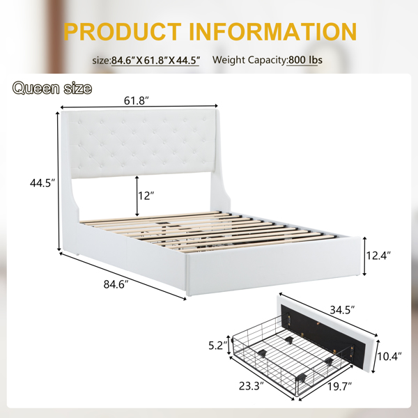 Upholstered Queen Platform Storage Bed Frame with 4 Drawers, Wingback Headboard with Button Tufted Design, Wooden Slat Support, No Box Spring Needed, Beige