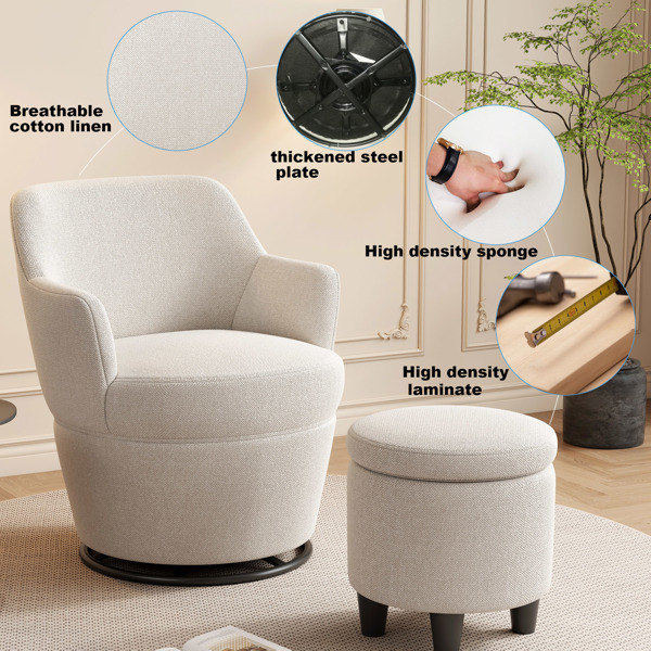 360°Swivel Accent Chair with Ottoman, Lounge Sofa with Nail Trim, Living Room Chairs, Bedroom Chair, Vanity Chair, Nursery Glider, Swivel Barrel Chair-Beige/White Accent Chair