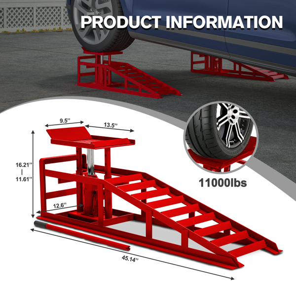 2 Pack Hydraulic Car Ramps 5T 11000lbs Low Profile Car Lift Service Ramps Truck Trailer Garage, Height Hydraulic Vehicle Ramps, red