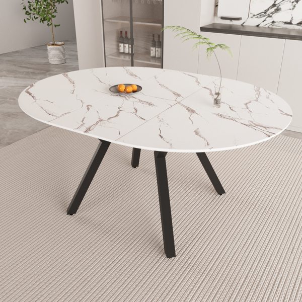 47-63 " extendable white circular dining table, 4-6 person kitchen dining table, modern coffee table with MDF tabletop and metal legs, suitable for kitchen&home 