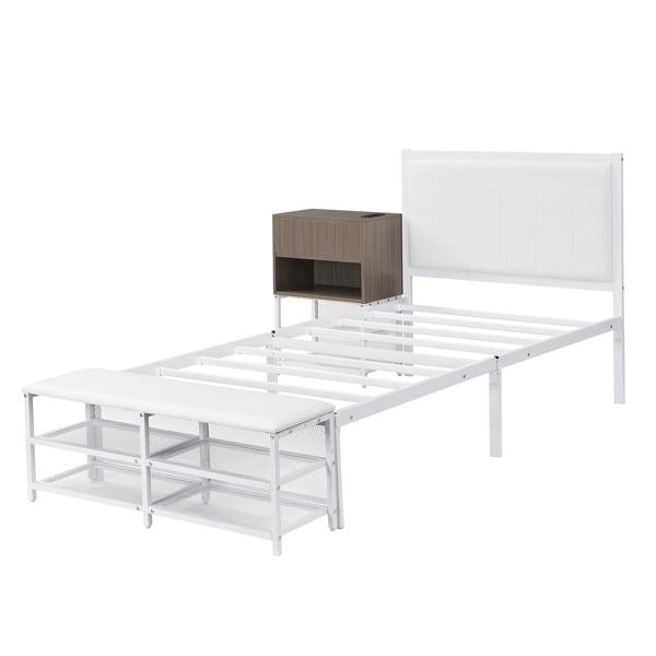 Twin size Metal Platform Bed with Two-Tier Storage Shelves, Wooden Storage Cabinet, White