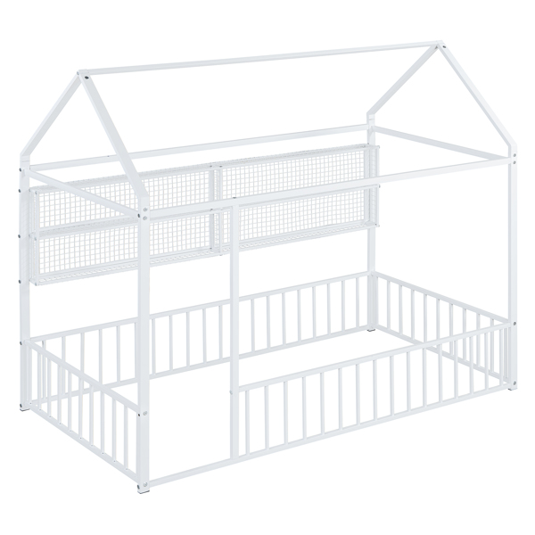 Twin Size Metal Bed House Bed Frame with Fence and Shelves, White