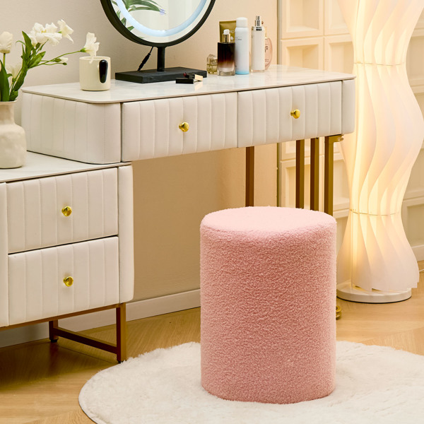 Round Teddy Fleece Ottoman with Soft Padded Seat, Multi-Functional Footrest, Vanity Chairs for Makeup, Upholstered Foot Stool Extra Seating for Living Room, Bedroom, Entryway (Pink, Standard)