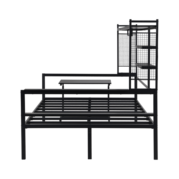 Full size Metal Daybed with Movable Desk, Metal Grid, Shelves and Clothes Hanger, Black