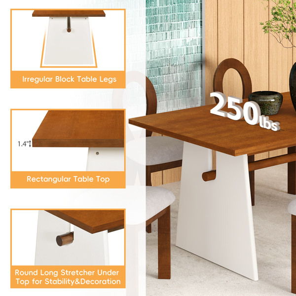 Modern 7-Piece Dining Table Set with Trestle Dining Table and 6 Upholstered Dining Chairs, Compact Kitchen Table Set for 6, Brown