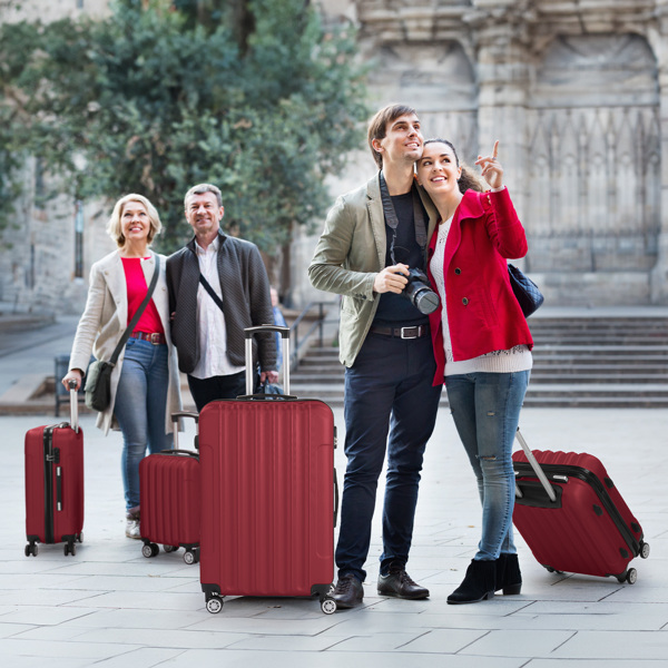 FCH Four-Piece Set Vertical Stripe ABS Luggage 16in, 20in, 24in, 28in with ABS Material and Steel Telescopic Handle in Classic Burgundy