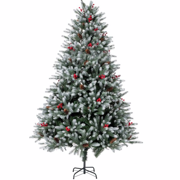 7FT Artificial Christmas Tree, Fiber Christmas Trees Pine Trees with 800 Branch Tips, Berries&Pine Cones Decor, Foldable Metal Base for Home, Office, Party Decorations