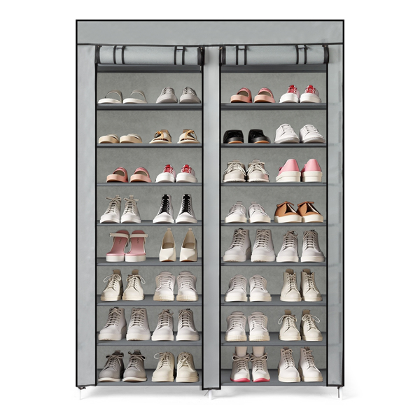 FCH Double Row 10-Tier Non-Woven Fabric Shoe Cabinet with Iron Pipes and Plastic Components, Gray