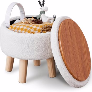 Storage Ottoman, Modern Round Footrest with Soft Padded Seat, Teddy Velvet Footstool with Wood Legs, Accent Small Table or Plant Stand for Hallway, Living Room (Cream)