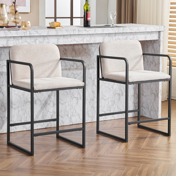 Set of 2,Modern Upholstered Counter Height Bar Stool with Armrests, Metal Frame and Padded Seat, Comfortable Dining Chair for Kitchen Island, Home Bar or Restaurant - Beige