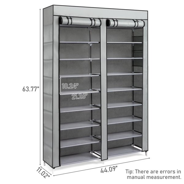 FCH Double Row 10-Tier Non-Woven Fabric Shoe Cabinet with Iron Pipes and Plastic Components, Gray