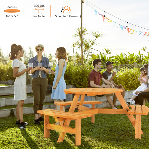 6-Person Outdoor Circular Wooden Picnic Table with 3 Built-In Benches, Outside Table and Bench Set for Porch Backyard Patio Lawn Garden