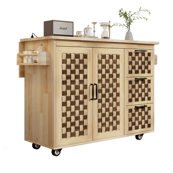 53.2"W 3D Woven Checkerboard Pattern Design Kitchen Island with Drop Leaf, Rolling Kitchen Island on Wheels with Internal Storage Rack, Power Outlet, Kitchen Cart with 3 Drawers 2 Cabinets, Nature