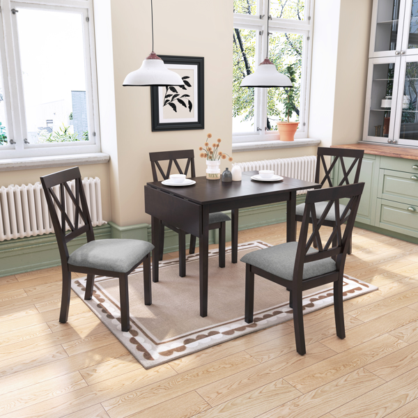 5 Piece Kitchen Dining Set with Drop Leaf Dining Table and 4 Dining Upholstered Chairs, Dining Room Set for Small Places, Espresso