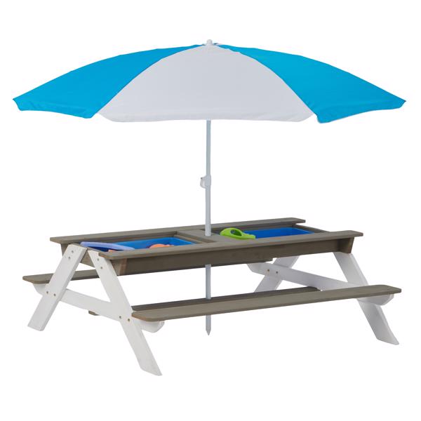 Wooden Kids Picnic Table, Sand and Water Table with Umbrella, Activity Table for Outdoor Backyard Patio Play