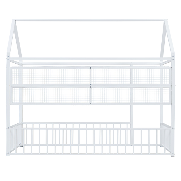 Twin Size Metal Bed House Bed Frame with Fence and Shelves, White